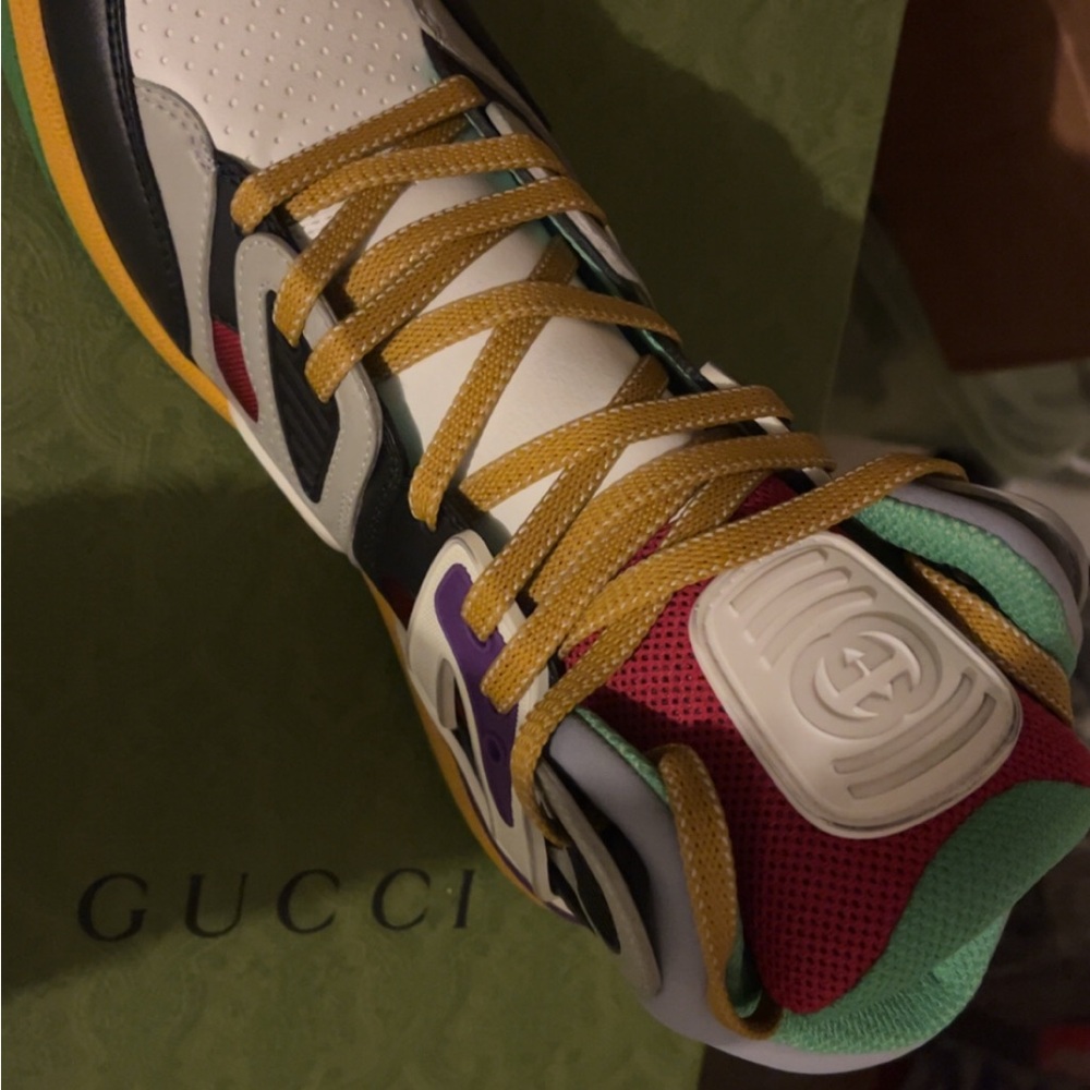 Gucci White Leather Sneaker with Yellow Laces and Multicolor Accents